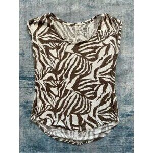 Ann Taylor Loft Brown White Abstract Zebra Pattern 100% Linen Short Sleeve Tee S
